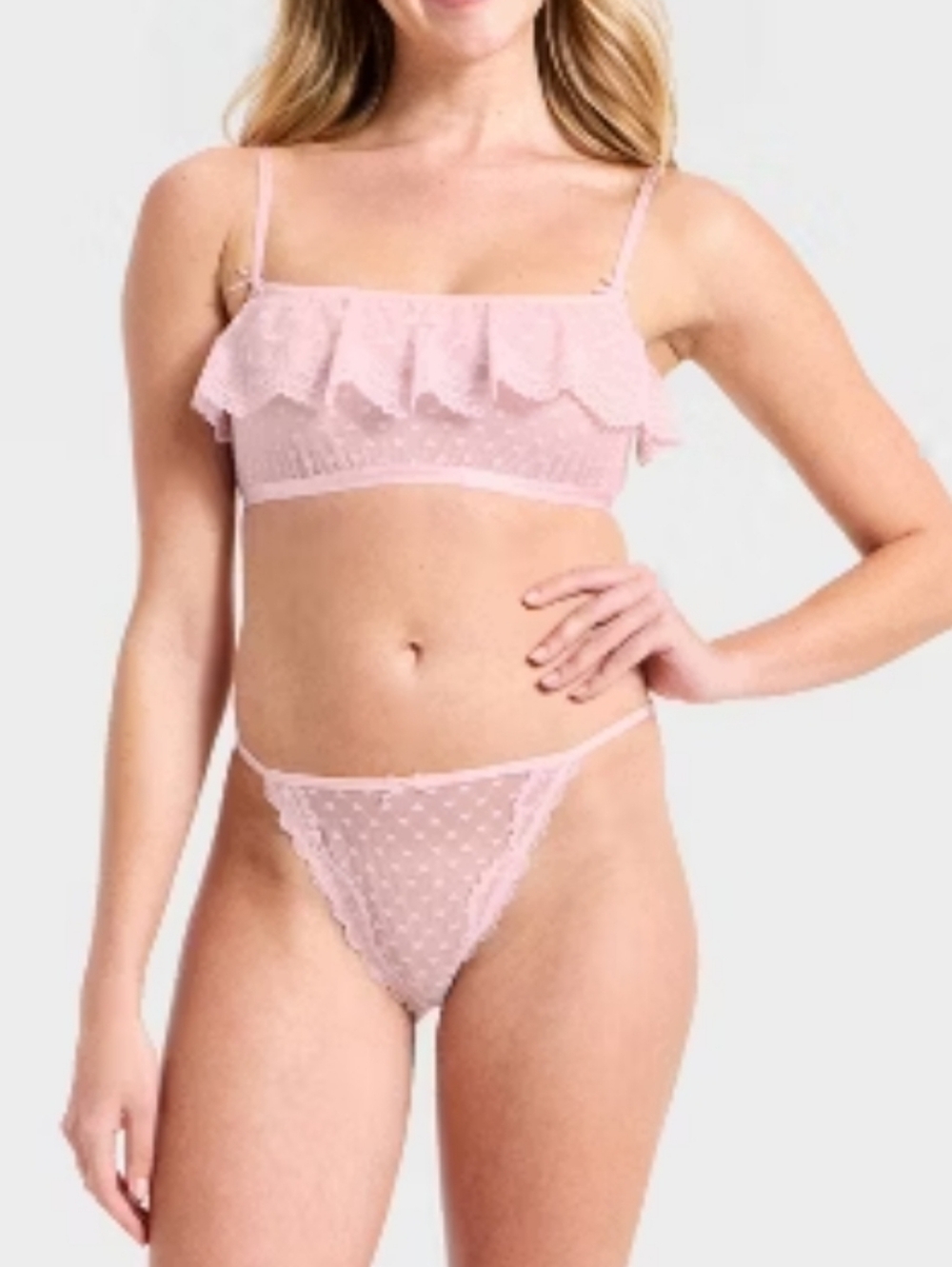 Wild Fable Delicate Pink Lace Ruffle Bralette & Bikini Set